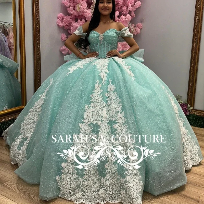 Angelsbride-Vestido de baile, vestido de baile, ombro, miçangas com renda, verde menta, 15 de XV Anos, Luxo, 2022