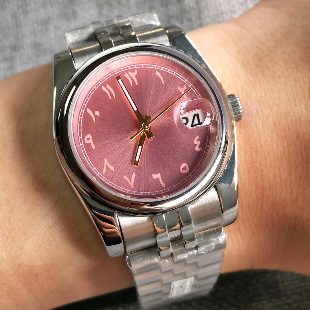 Nologo 36mm 39mm Stainless Steel NH35A Mechanical Watch for Men Pink Dial Arabic Numbers 904L Steel Bracelet