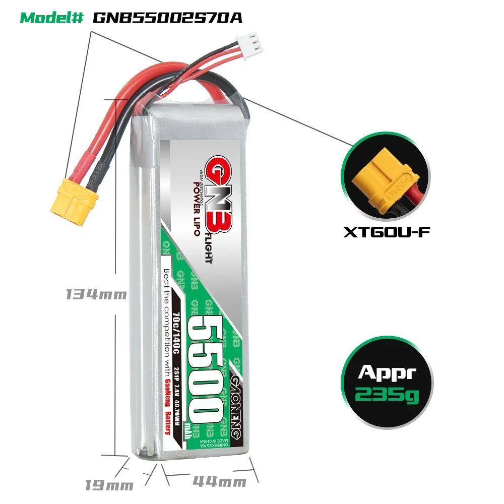 GAONENG GNB 5500mAh 2S 70C 140C 7.4V XT60 LiPo Battery 1/10 and 1/8 scale RC Hobby Models Electric RC Devices RC Boat