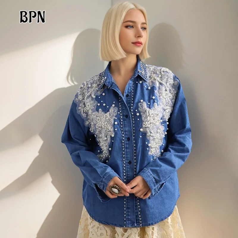 

BPN Hit Color Spliced Pearls Loose Blouse For Women Lapel Long Sleeve Patchwork Single Breasted Causal Shirts Female Fashion New