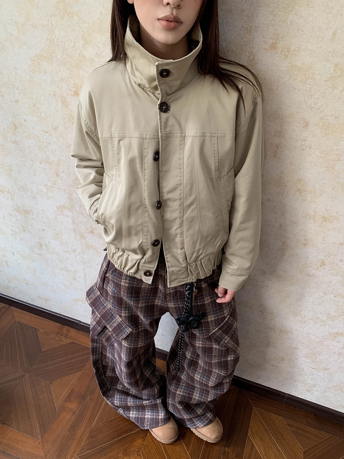 

Aket American Detroit Khaki Fce Lined Work Jaet Women's ort Collar Stand up Winter Coat Sli Cotton Blend