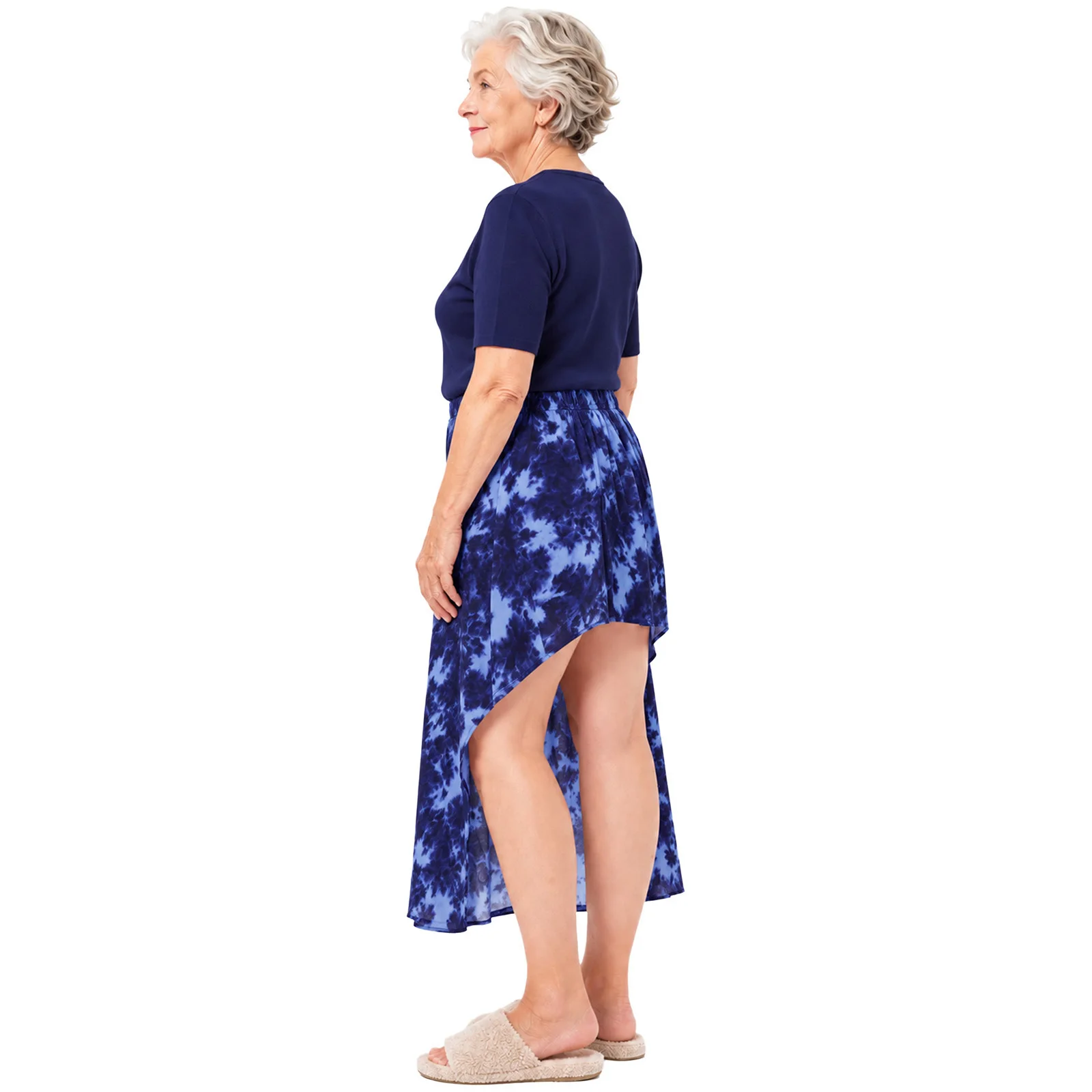 Women Adaptive Wrap Asymmetrical Skirts for Wheelchair Elderly Back Press Buttoned Side Elastic Waist Floral Printed Skirts