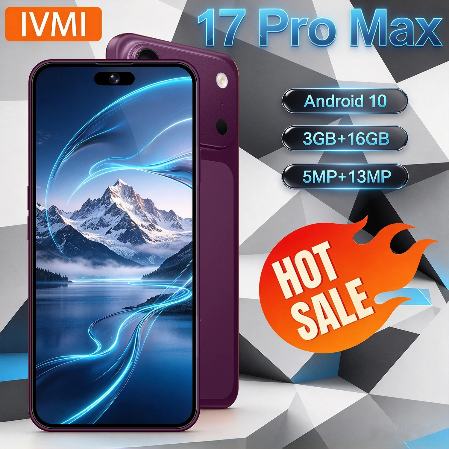 IVMI 17Pro Max Smartphone 6.7Inch 3500mAH Battery Fingerprint Face ID Android10.0 3GB RAM 16GB ROM Google Play Store Mobile Phon