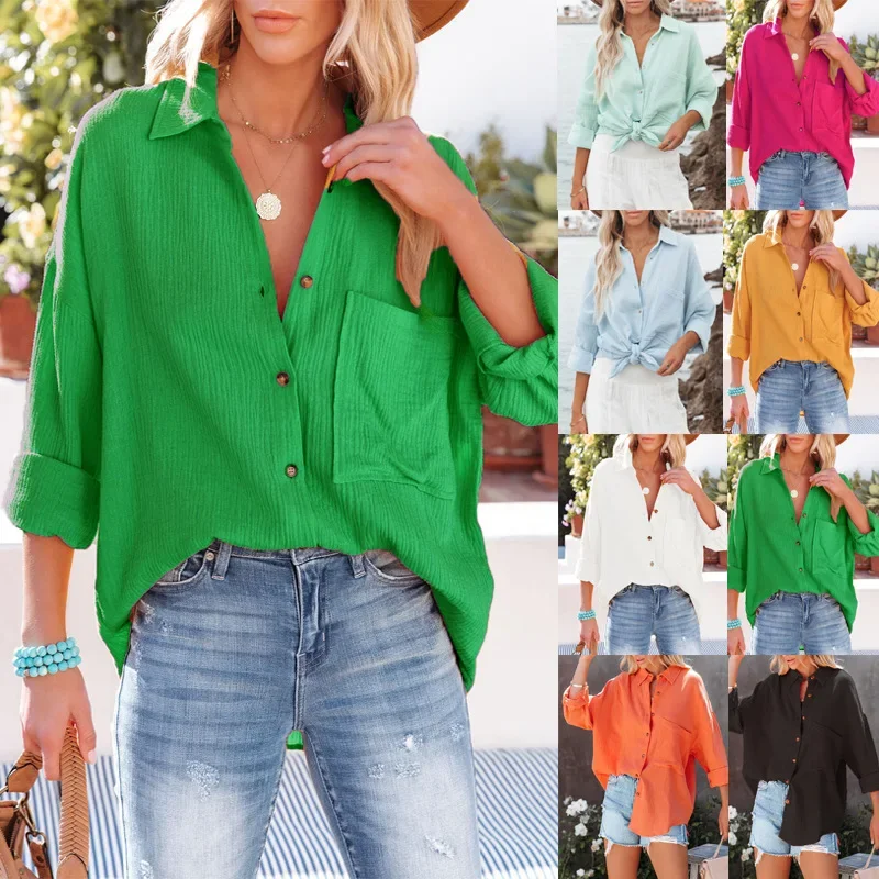 Stylish spring Fall women's fashion lapel pocket candy color Loose shirt top