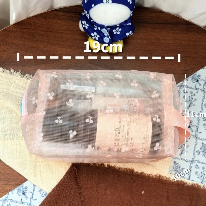 Korean Style Fresh Makeup Bag Ins Aesthetic Small Cherry Sweet Mesh Handbag Travel Storage Transparent Toiletry Pouch