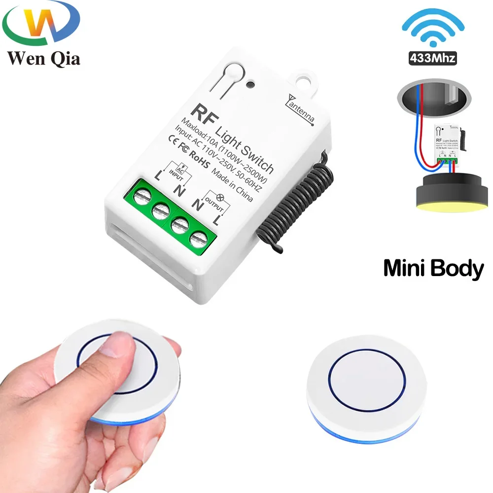 Interruptor de luz inteligente sem fio, 433mhz, 110v, 220v, 10a, mini receptor de relé, painel de parede, interruptor de controle remoto para ventilador, lâmpada, umidificador