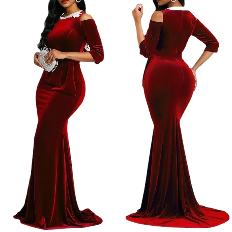 

Summer Dress Women 2023 Velvet Mermaid Fashion Ankara Red Dress Vetement Femme Robe Ladies Black Sexy Floor Length