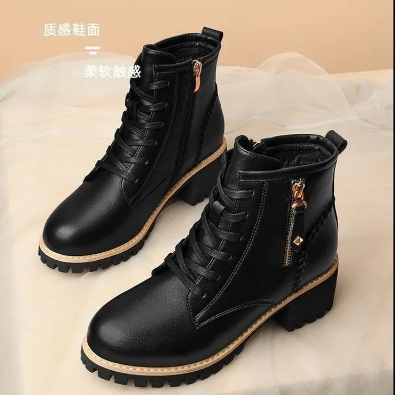 Women Shoes Autumn Winter New Lace Up Boots for Women Fashion Thick Heel Side Zipper Ankle Boots Warm Female Motorcycle Shoes