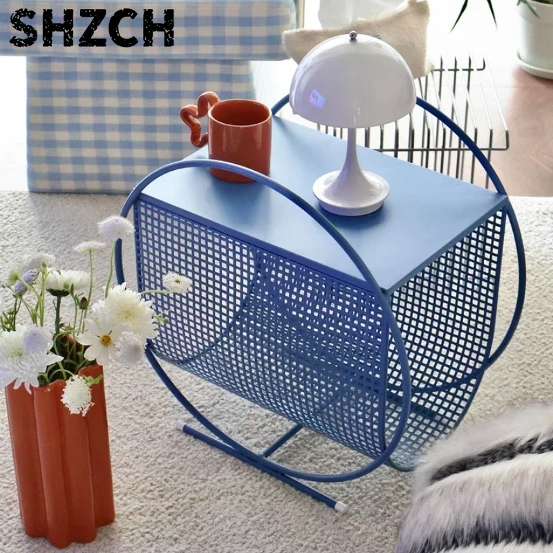 Blue Metal Basket Style Nightstand Mobile Side Table for Living Room Sofa Magazine Storage End Table Space Saving Bedroom Shelf
