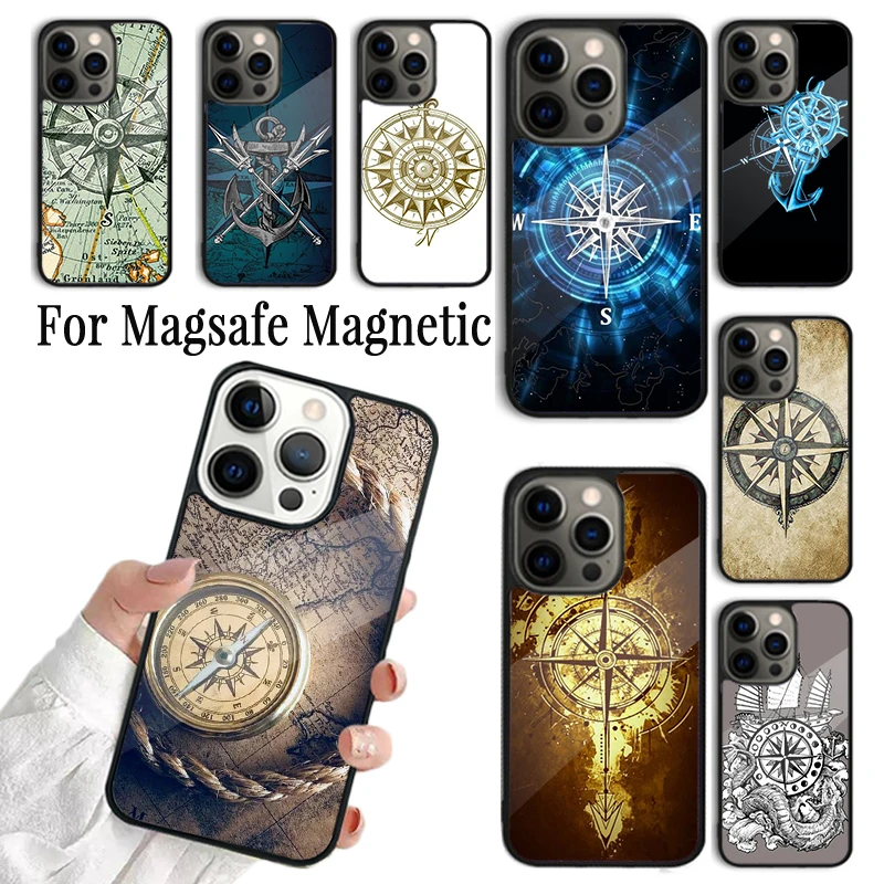 Coque Phone Case For iPhone 16 15 14 13 12 11 Pro Max Plus Magsafe Magnetic Wireless Charging Cover World Map Compass Nautical