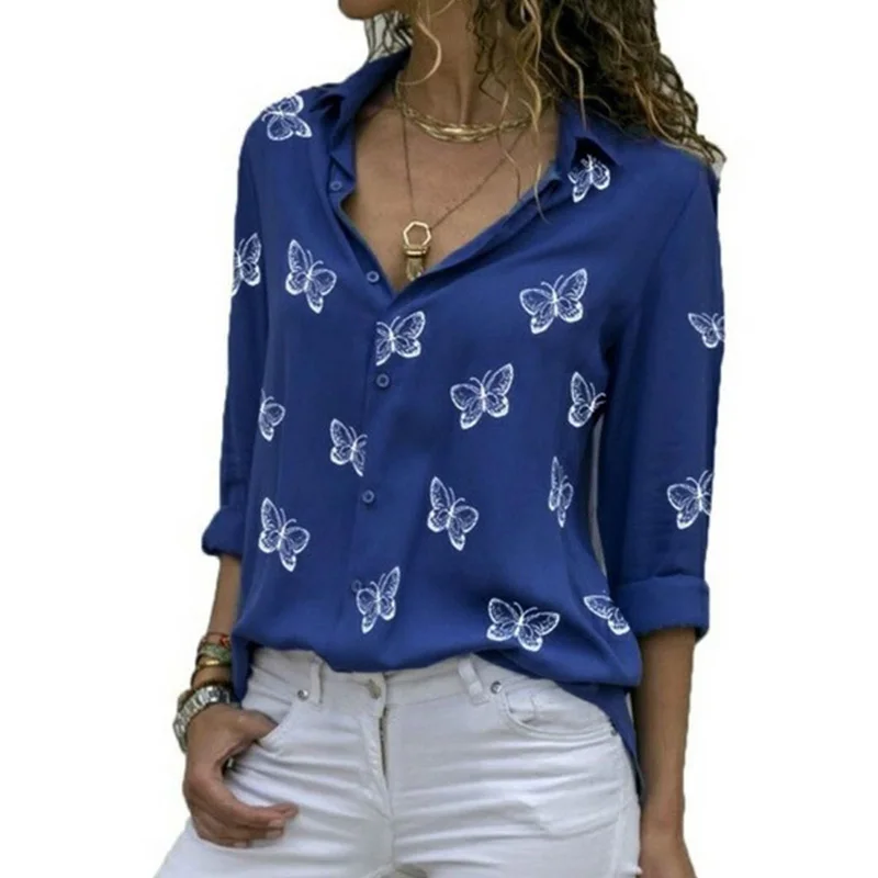 7 Solid Color Butterfly Print Blouse Women\'s V-Neck Button Long Sleeved Top Spring Autumn Casual T-Shirt