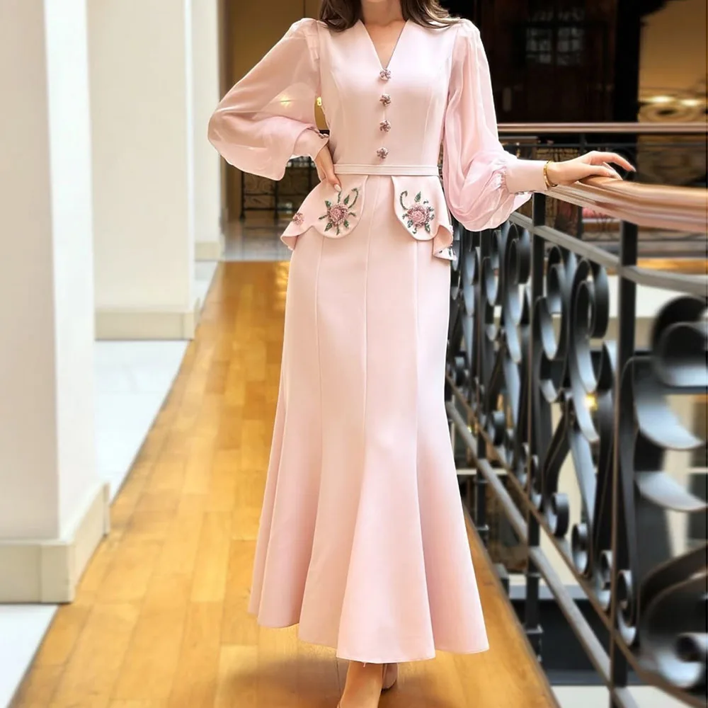 

Customized A-Line Prom Dresses Ankle-Length V-neck Full Sleeve Evening Gown Simple Fashion Flowers Draped Casual Party Gown
