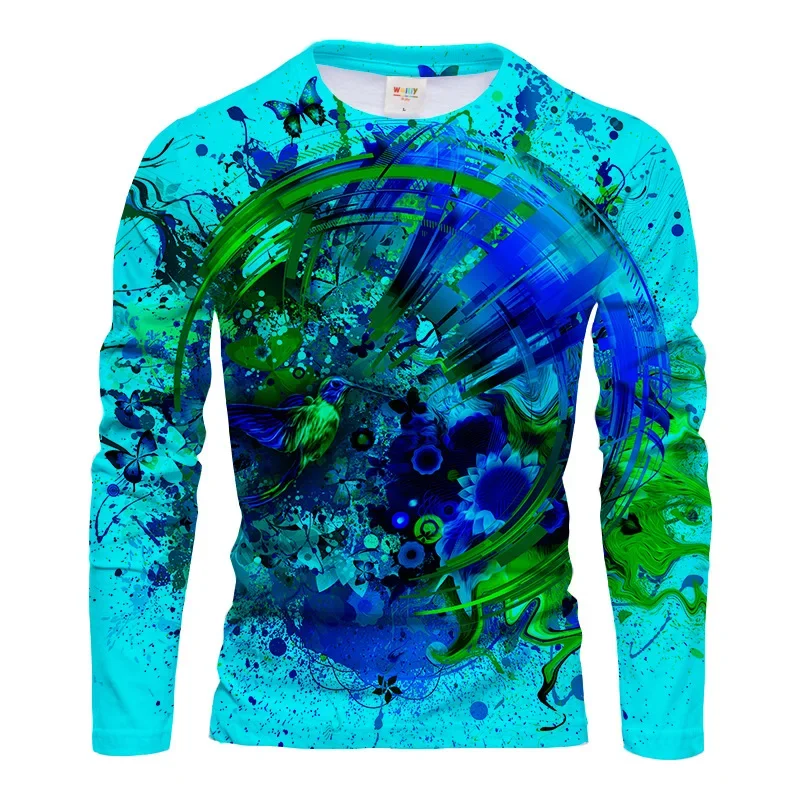 T-shirt à manches longues pour homme, imprimé colibri et papillon bleu et vert vif, motif floral abstrait, décontracté, col rond, respirant, doux, haut de qualité supérieure