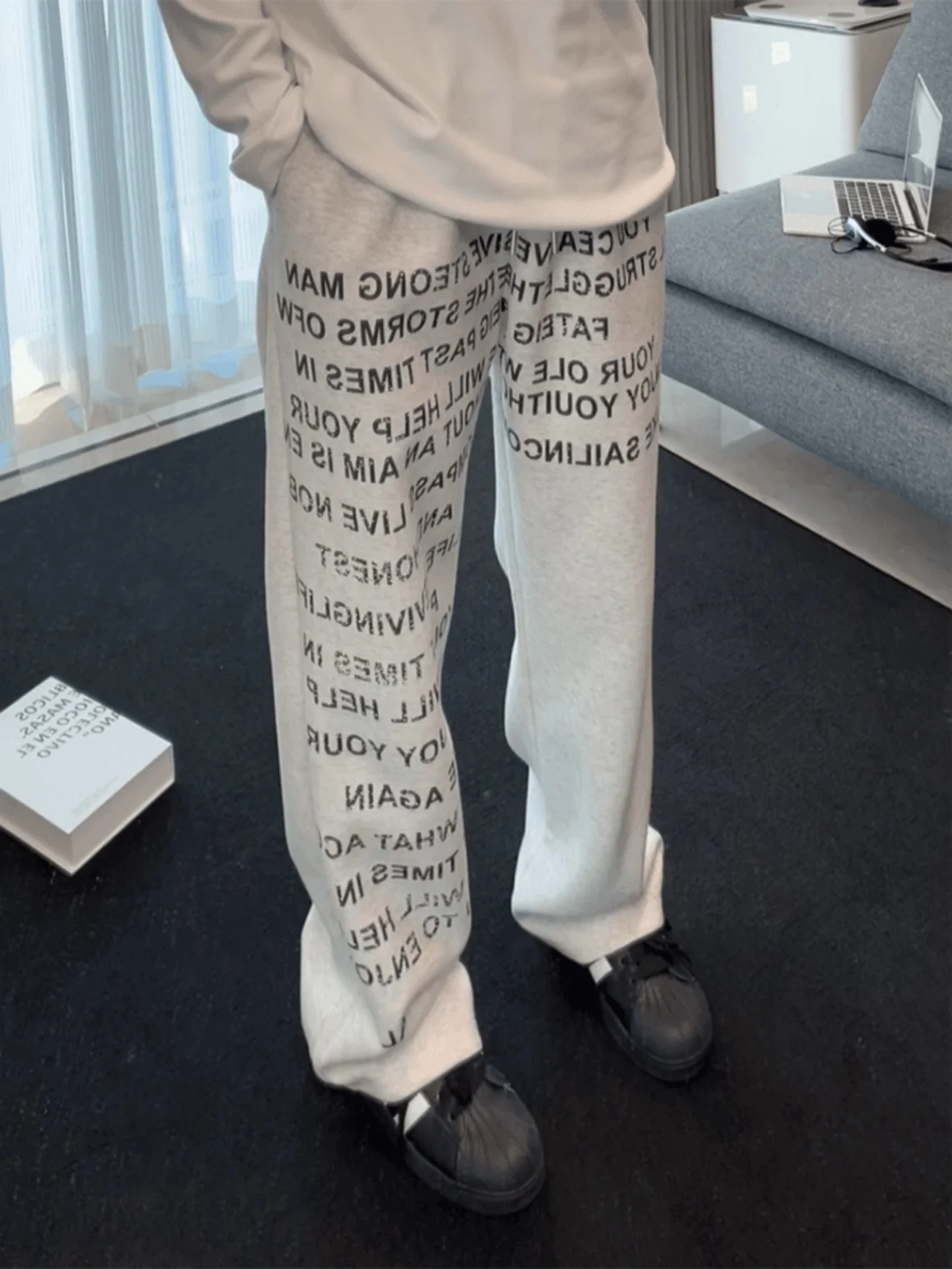 

Cleanfit Men's Casual ey Sweatpants Fuzzy Letter Print Heavyweight Straight Leg Drapey Spor Autumnal Loose Fit Trousers