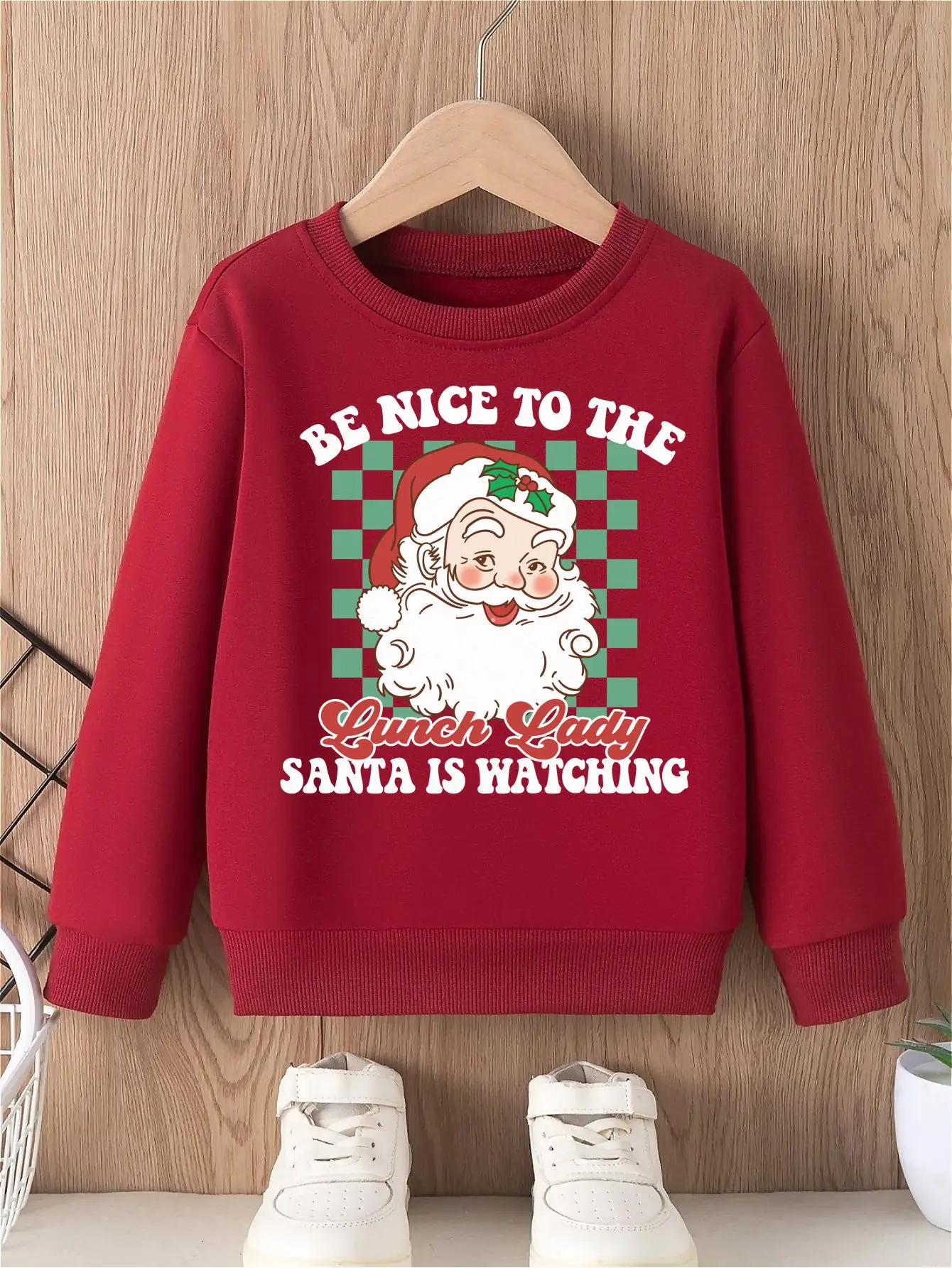 Girls' Hoodless Sweatshirt Santa Claus 'BE NICE TO THE LUNCH LADY SANTA IS WATCHING' Text, Festive Black Green Checkered Pattern
