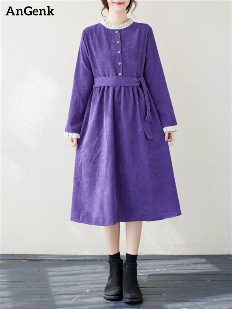 Cotton Purple Vintage Dresses For Women 2023 New Spring Autumn Casual Long Art Dress Femme Robe Fashion Vestidos Elegant Clothes