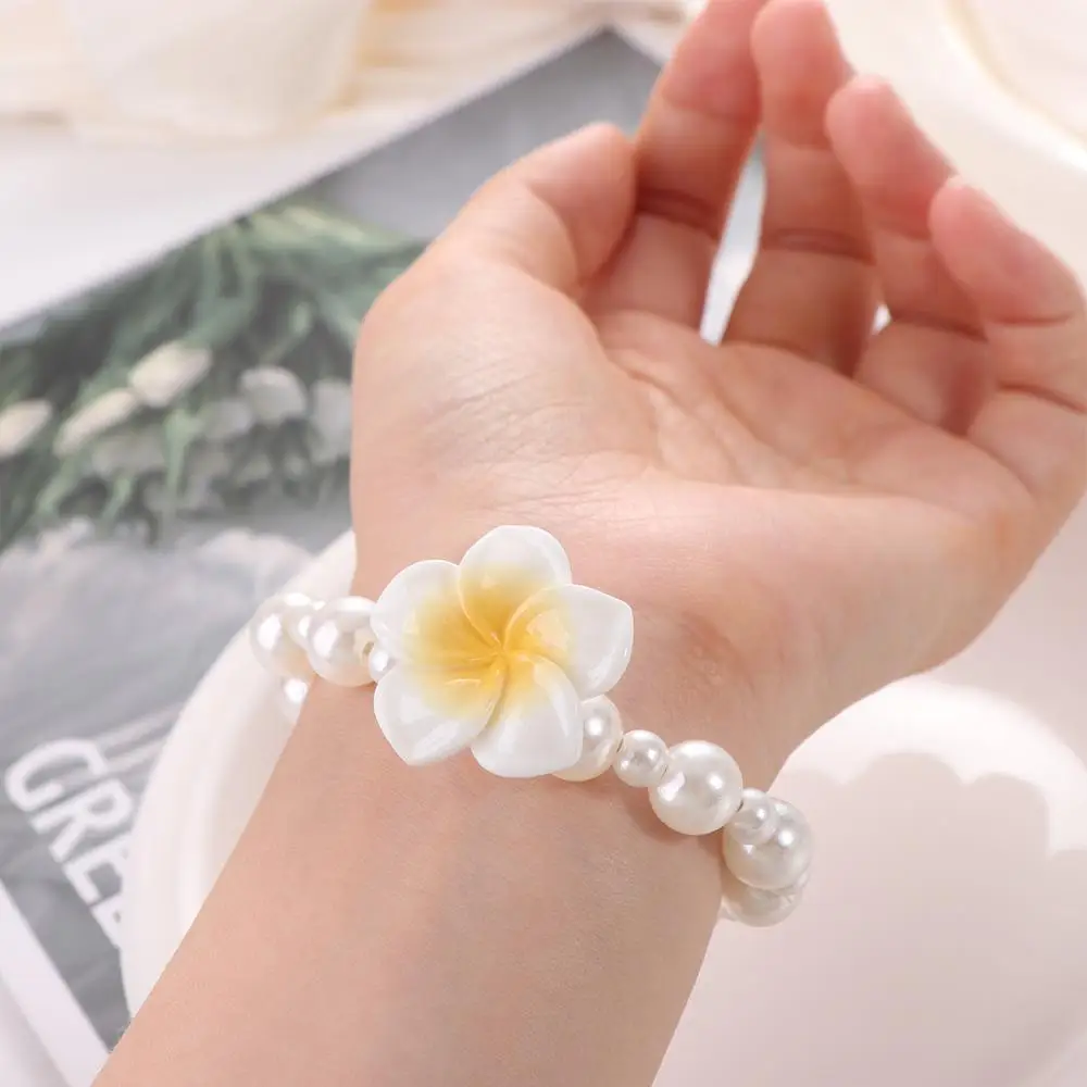 Fashion Elegant Plumeria Flower Head Rope Sweet Korean Style Flower Head Rope Elastic Rubber Band Pearl Hair Loop Women