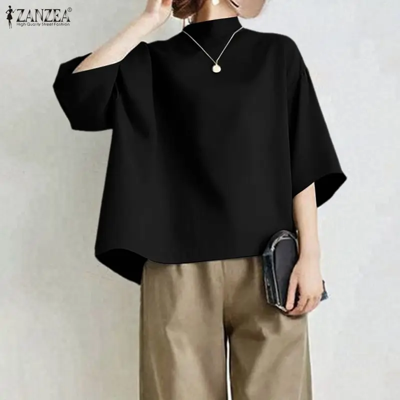 ZANZEA Blus Wanita Model High Low Gaya Kasual Musim Semi 2026 Lengan 3/4 Model Drop-Shoulder Kerah Tegak Polos Atasan Fashion Pakaian Wanita