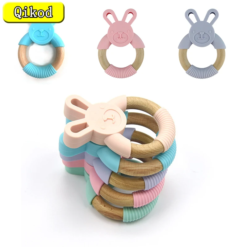 Animal Silicone Teether Wooden Ring 1Pcs BPA Free Nursing Accessories Chewable Rattle Circle Newborn Shower Gifts Baby Teethers