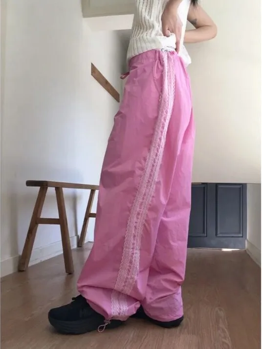 Summer Girls Pink Lace Trim Drawstring Nylon Casual Straight Leg Trousers Cute Sports Loose Long Pants Leisure Street Style