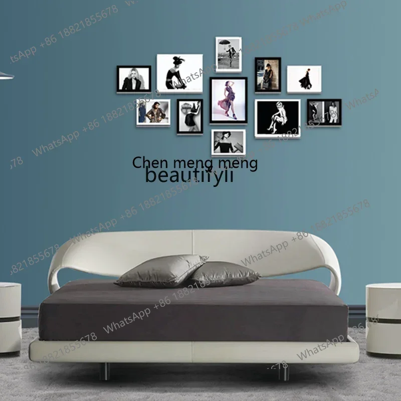 P178 سرير مزدوج فاخر خفيف على الطراز الإيطالي غرفة نوم رئيسية جلد طبيعي 1.8 متر أثاث فيلا على الطراز الكريمي