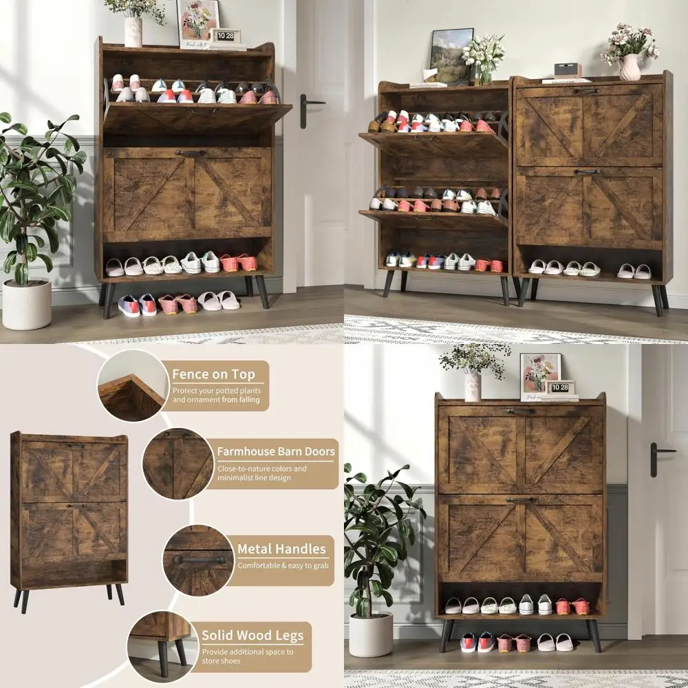 Narrow Farmhouse Style Shoe Cabinet with 2 Flip Drawers and Hidden Storage for Entryway Slim Organizer