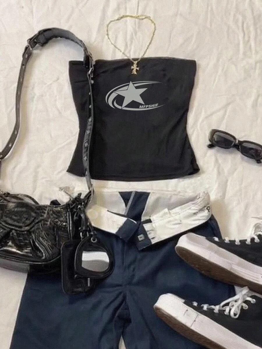 بلوزة قصيرة بدون حمالات بقصة ضيقة وطبعة نجوم عتيقة، ملابس كاجوال عصرية صيفية للمهرجانات الموسيقية، عصرية ومتعددة الاستخدامات يوميًا #1