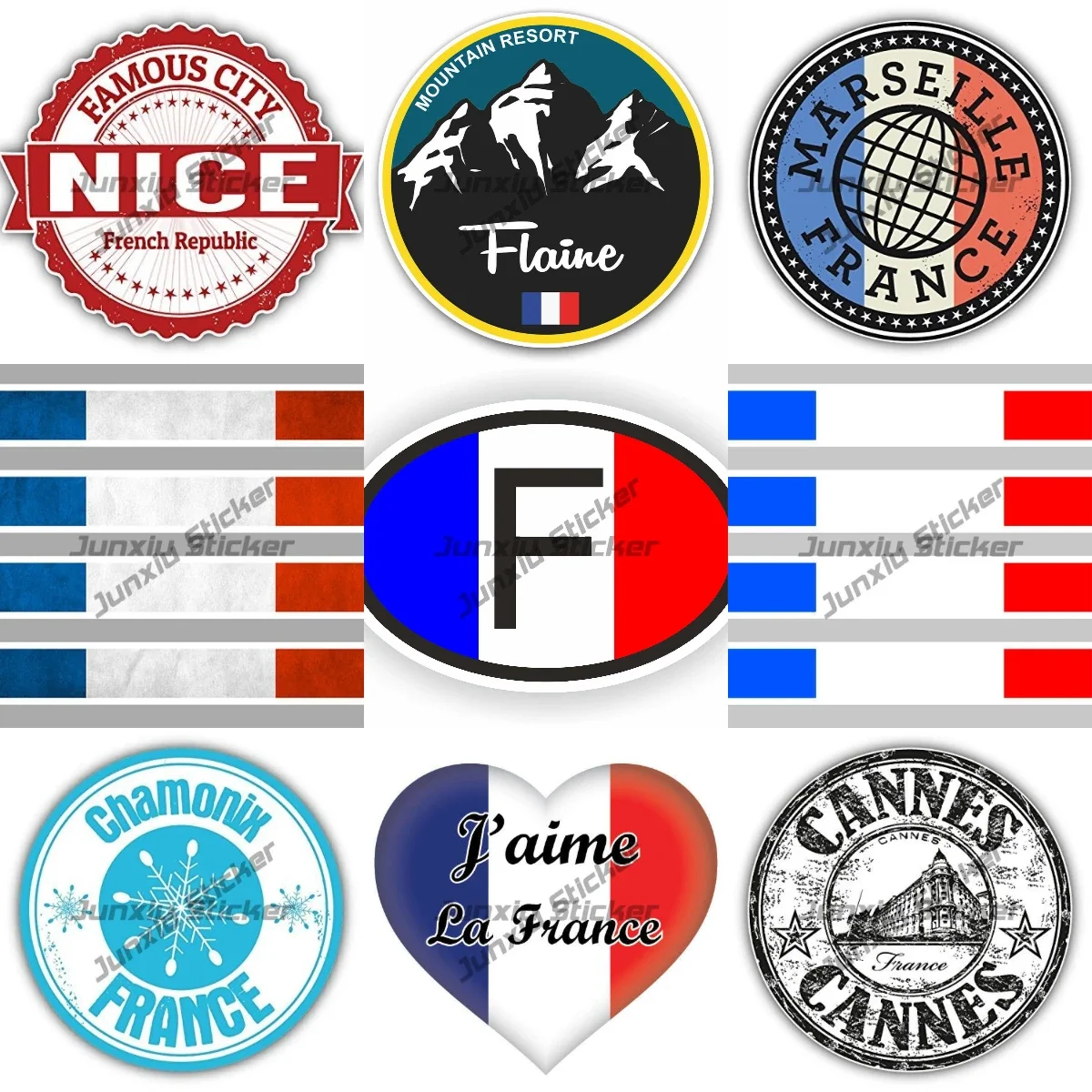 

France Stripe Flag Country Code F Oval Vinyl Waterproof Sticker Lyon Nice Cannes Marseille Paris France City Stamp Vinyl Decal