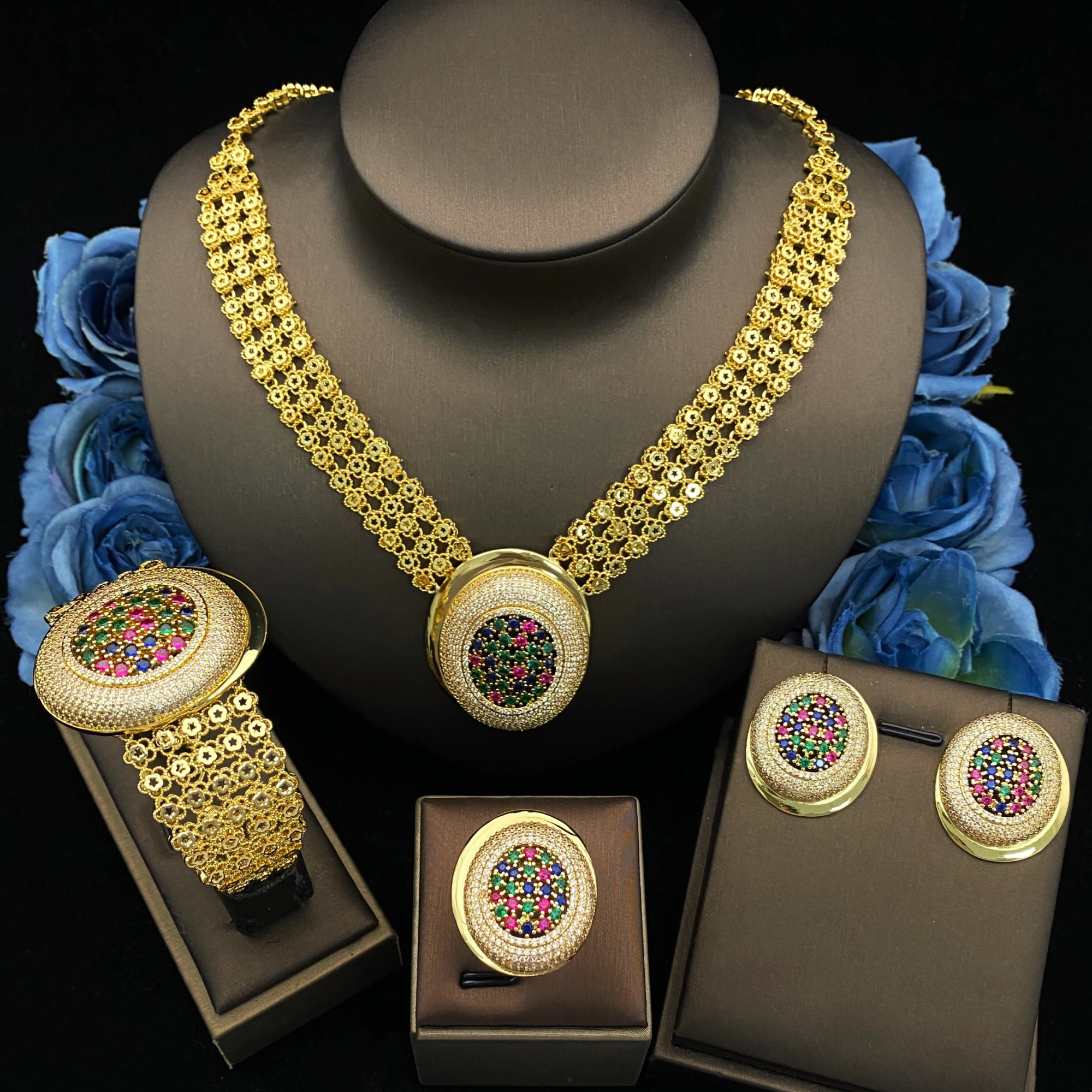 

Ювелирный набор для невесты JRH, 4 предмета, позолоченный, с цирконами: колье, серьги, браслет, кольцо. Свадебный комплект для женщин Сенегала, для подружек невесты.