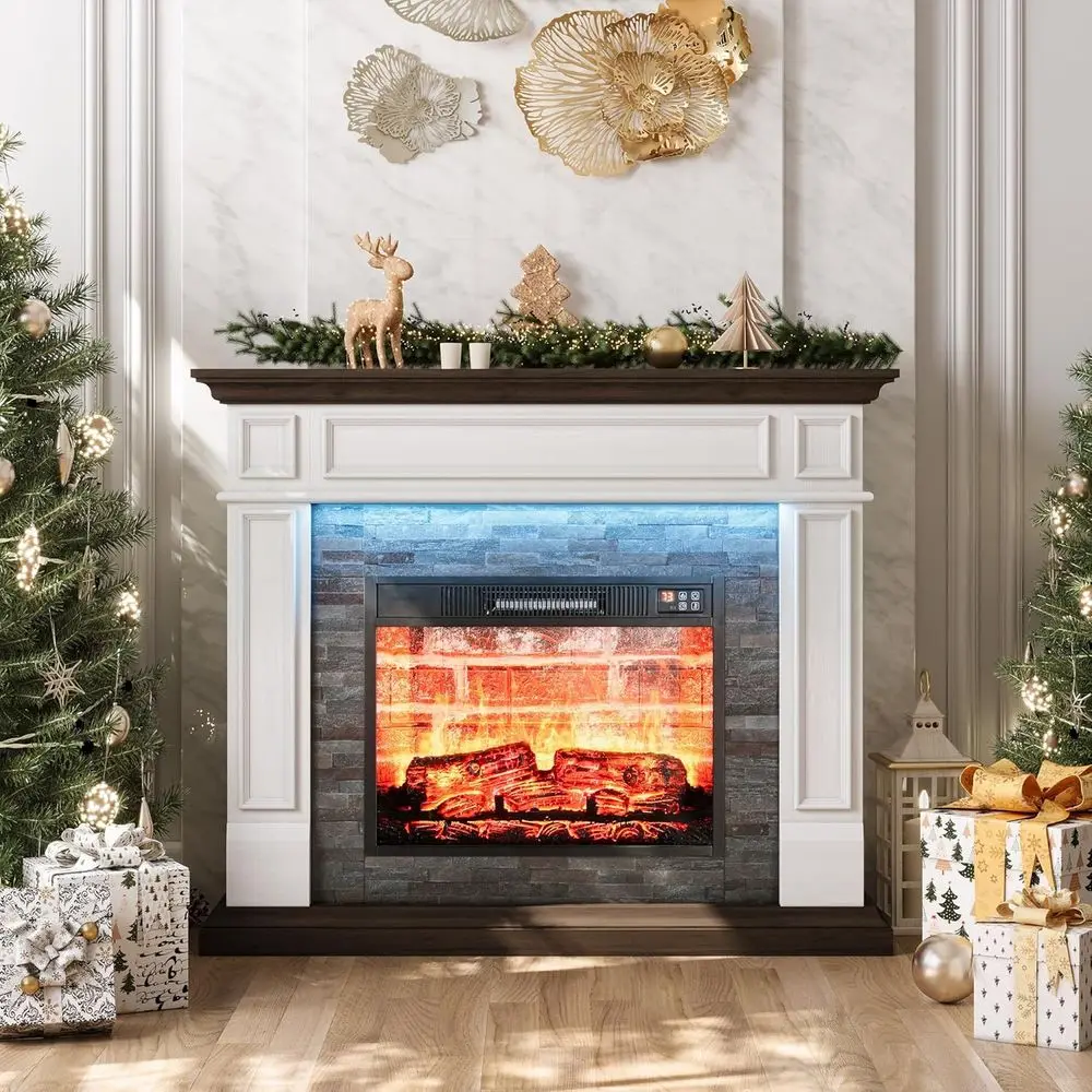 44 Electric Fireplace w/LED, Stacked Stone, White&Brown | Realistic 3D Flame, Timer Function, Heat & Flame Independent Control f