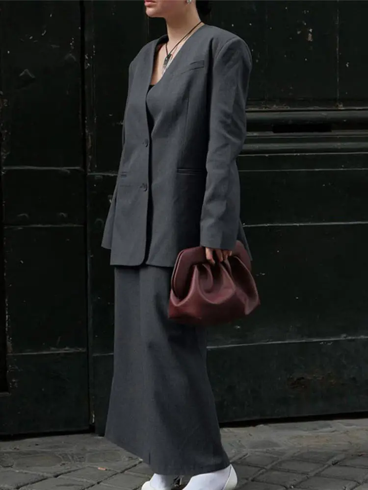 

Classic Grey Women's Jacket Sets V-neck Long Sleeve Suit Coats with Long Skirts Autumn Solid Vintage Women Coat Causal Skirt