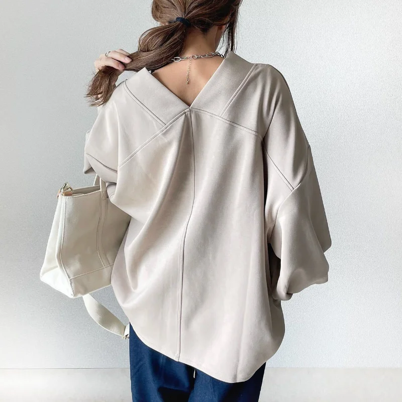 Matakawa t-shirt donna top Solid scollo a V stile giapponese manica a pipistrello elegante Blusas Mujer primavera autunno t-shirt allentata Vintage