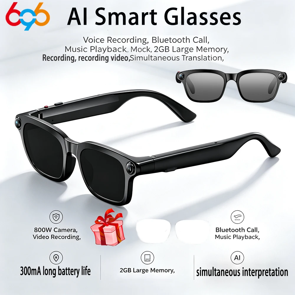 

Smart AI Glasses 800W Shooting Camera HD Photo Video BT Call Eyewear Voice Assistant Real-Time Translation Sunglasses Waterproof