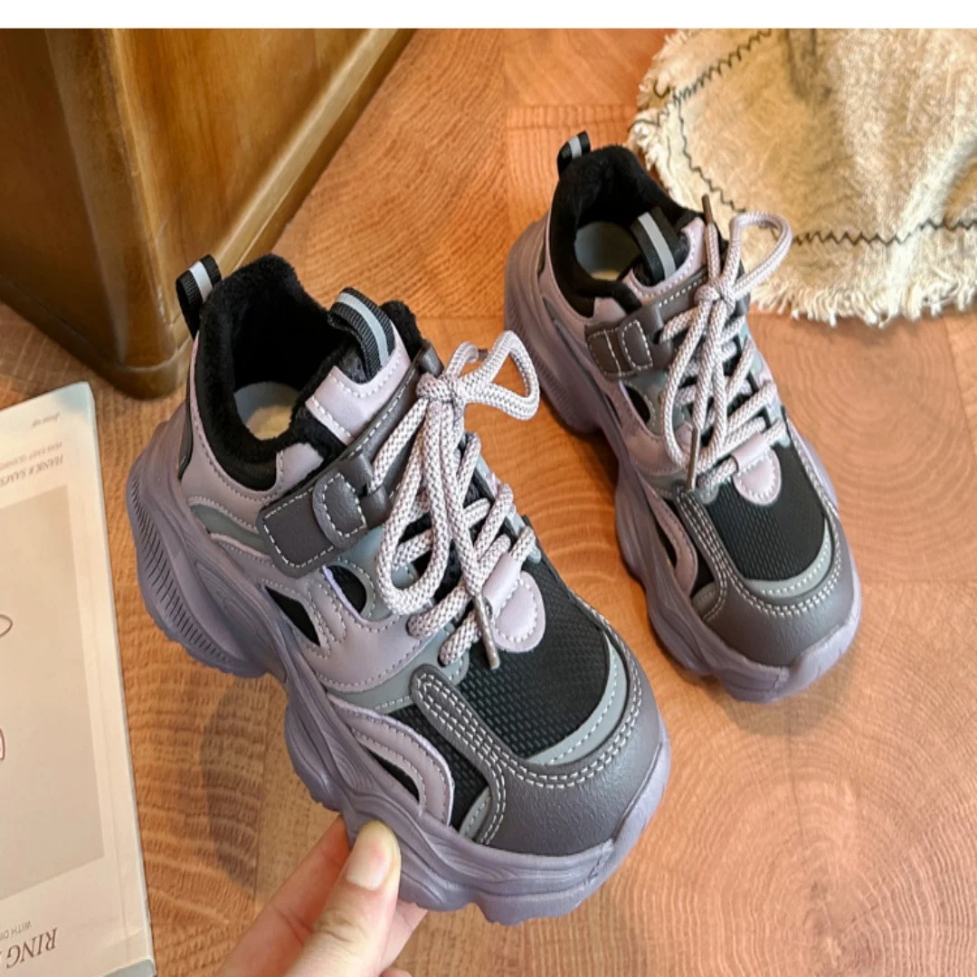 Kids'Casual Shoes PU Leather Color Blocking Fashion Winter Sports Shoes For Children Warm Anti-slip Purple Designer Size 26-37