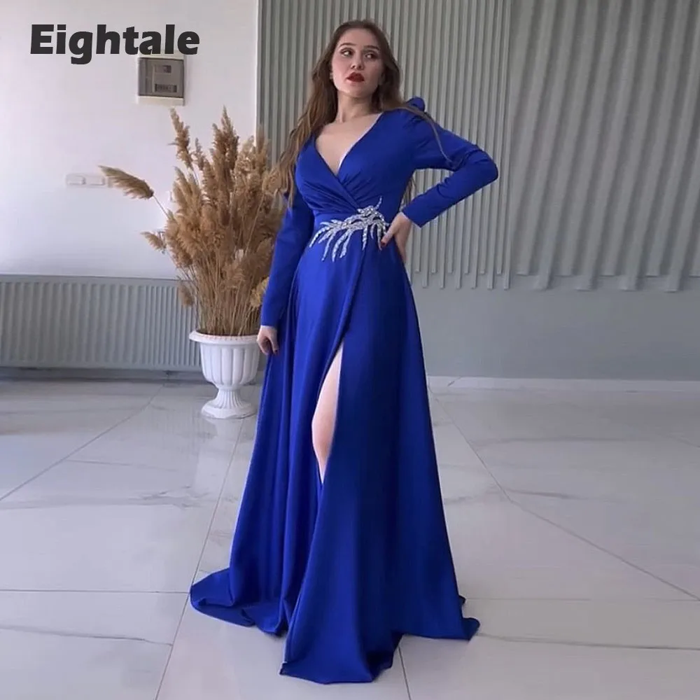 Eightale Arabic Evening Dress Satin Long Sleeves V-Neck A-Line Royal Blue Prom Gown Wedding Party Dress Vestidos De Noch