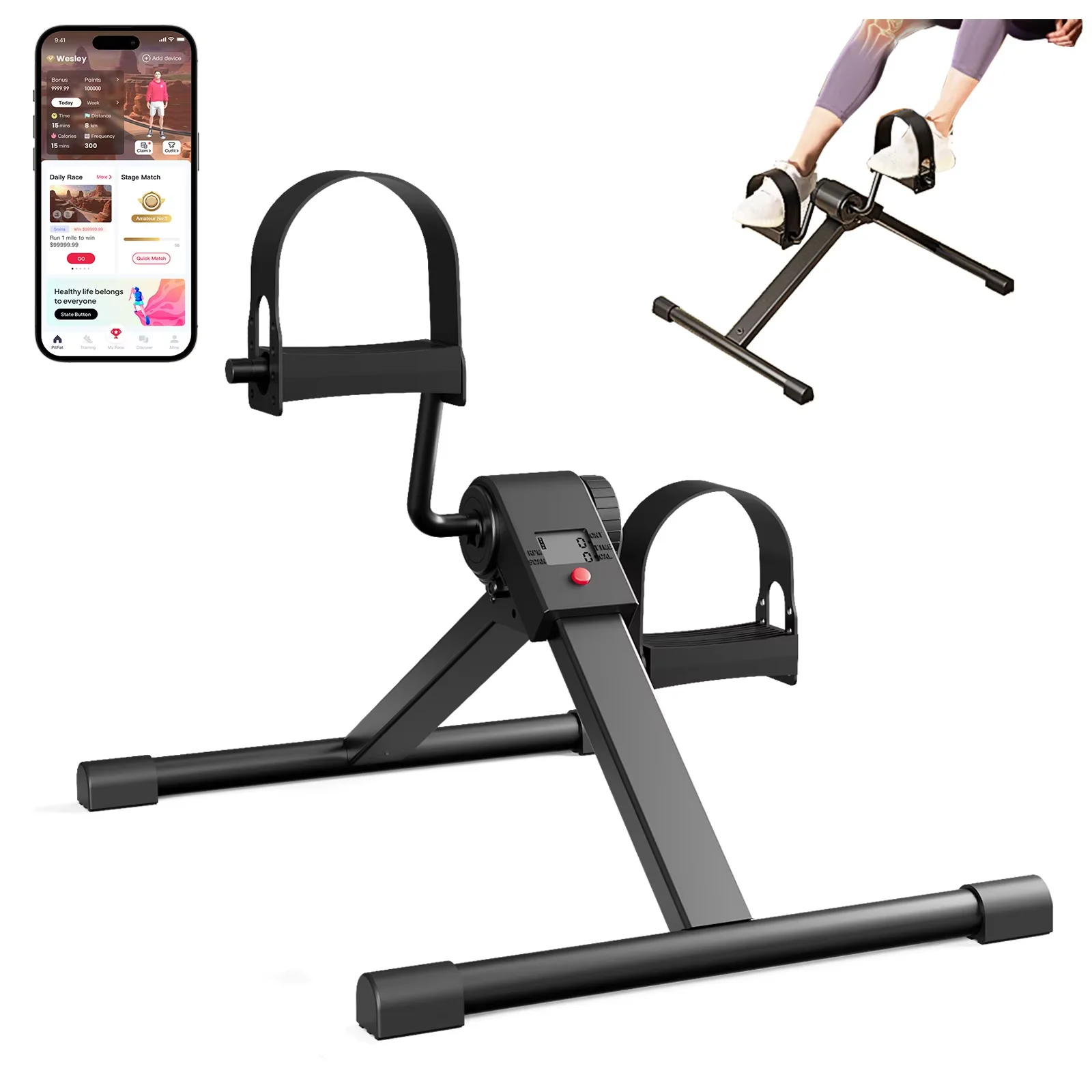 Heimtrainer-Pedale mit App-Kalorienmonitor, geräuscharmes, faltbares Fitness-Fahrrad für den Innenbereich unter dem Schreibtisch, LCD, einstellbarer Widerstand