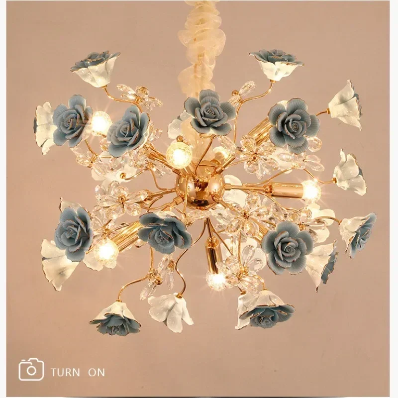 

European Style Light Luxury Crystal Flower Chandelier Living Room Blue Ceramic Dlower Bedroom Blue Rose Ceiling Light