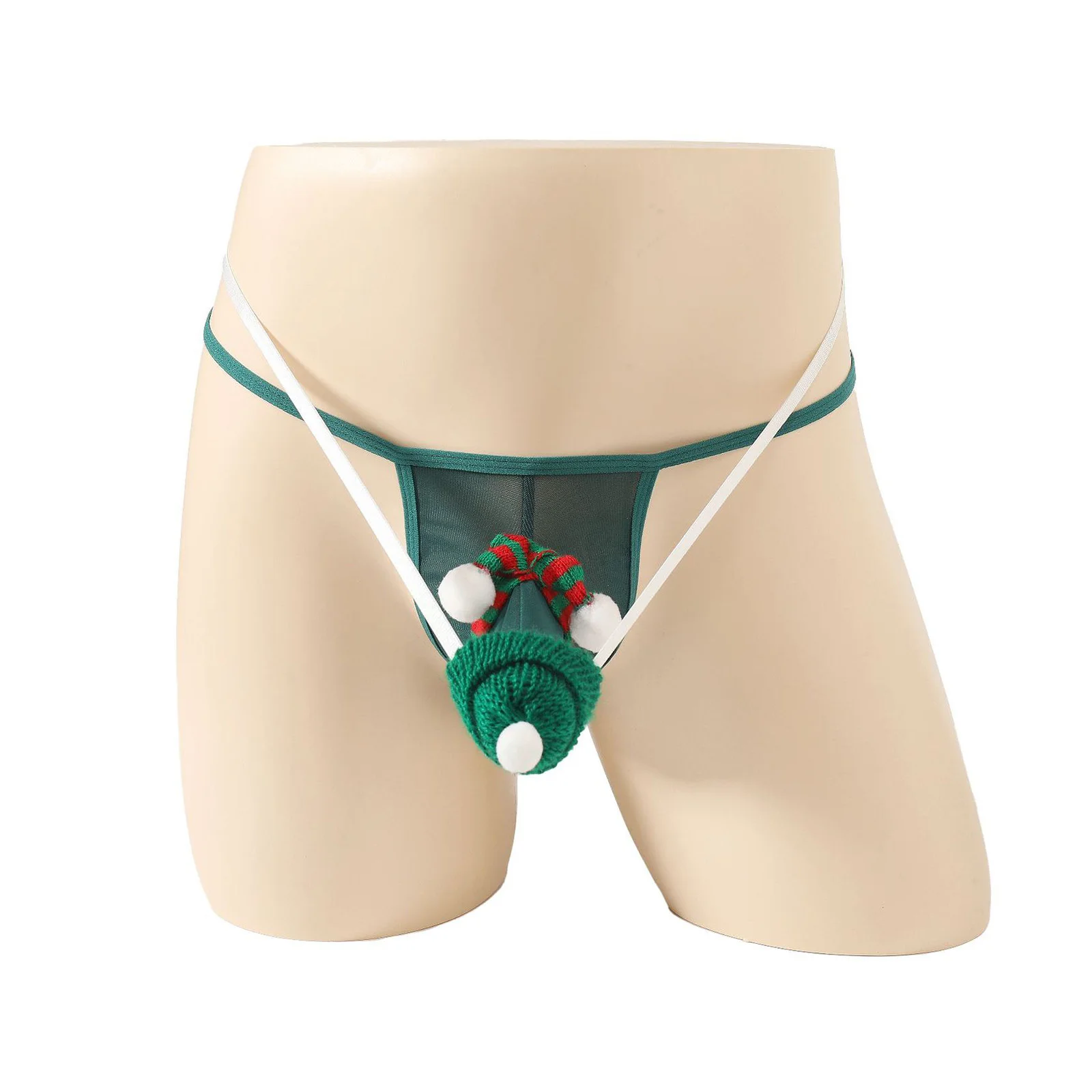 

Mens Christmas T-back Underwear with Mini Hat And Striped Scarf Sheer Mesh Thong Funny Lingerie Gays Tempting Nightwear Briefs