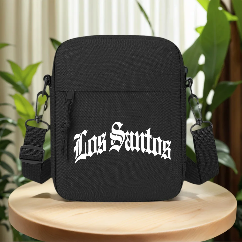 White gothic words Los Santos. Men Crossbody Bag Single Shoulder Women Cartoon Anime Film Printing Design Unisex