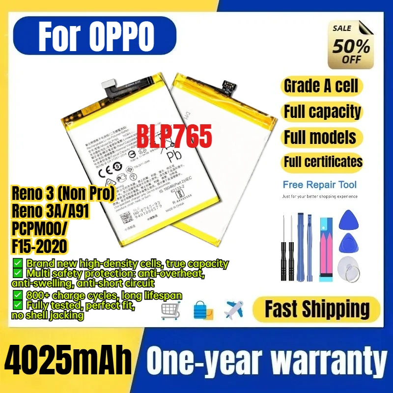 BLP765 for OPPO Reno 3 (Non Pro)/Reno 3A/A91/PCPM00/F15-2020 Phone Battery  High Capacity Battery Replacement Bateria with Tools
