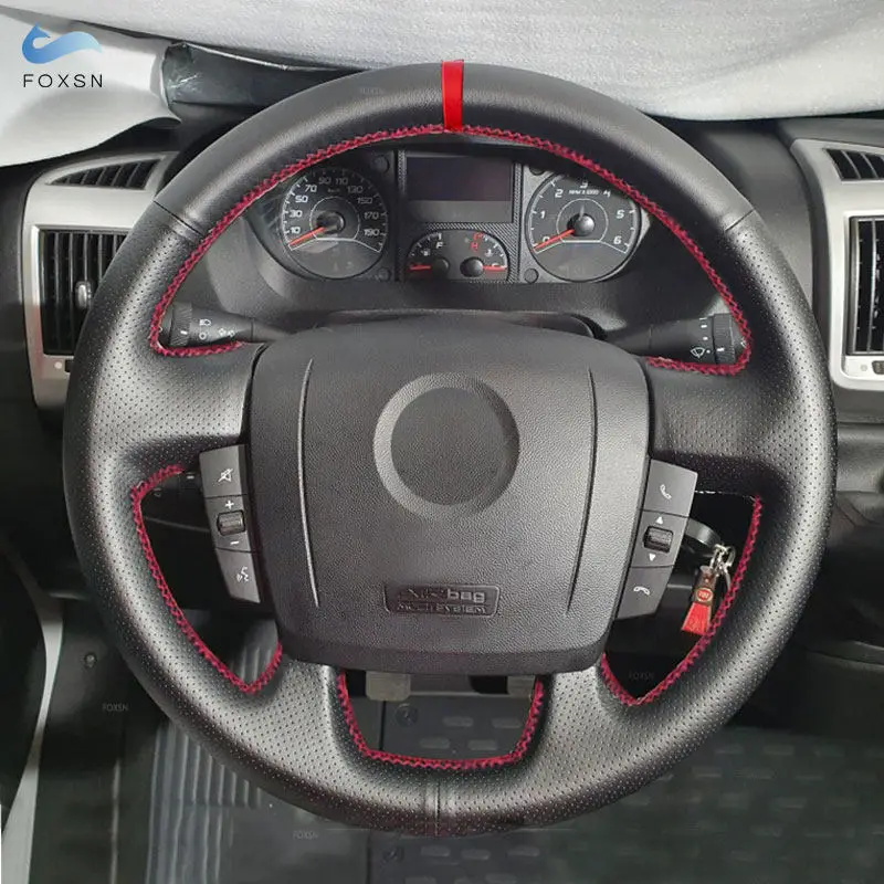 Red Strip Perforated Leather Car Steering Wheel Cover For Peugeot Boxer Citroen Jumper Relay Fiat Ducato 2006-2019 Ram ProMaster
