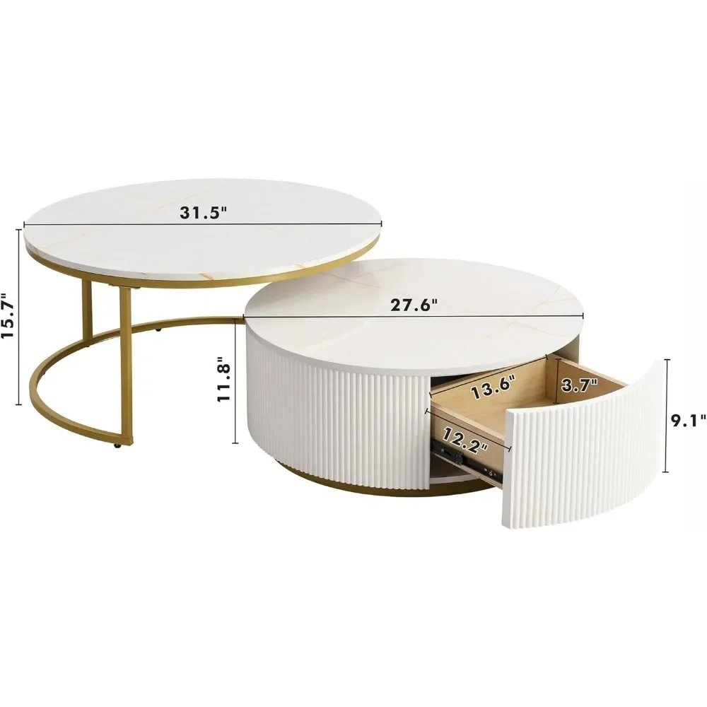 Runder, ineinander steckbarer Couchtisch, 2er-Set mit Schublade und Marmortischplatte, perfekt für Wohnzimmer, Wohnung, Weiß