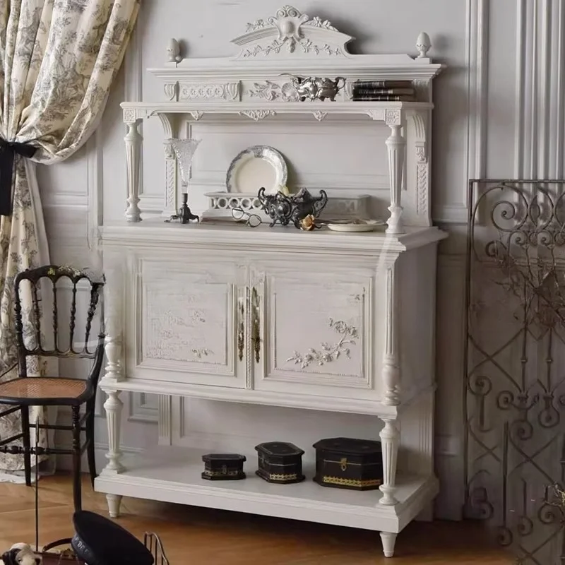

French White Retro Side Cabinet Small Apartment Solid Wood Carving Flower Rack Restaurant Dish Cabinet Wall Locker