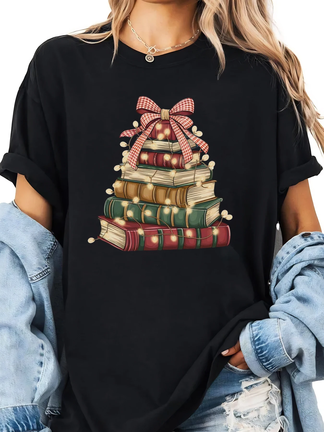 Pile de livres arbre de noël imprimé vacances T-shirt femmes tenue décontracté tenue de fête noir grande taille