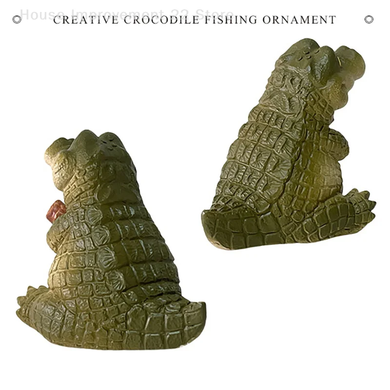 Creative Rope Fishing Crocodile Statue Cute Simulation Crocodile Resin Figurine Animal Sculpture Ornament Outdoor Home Garden