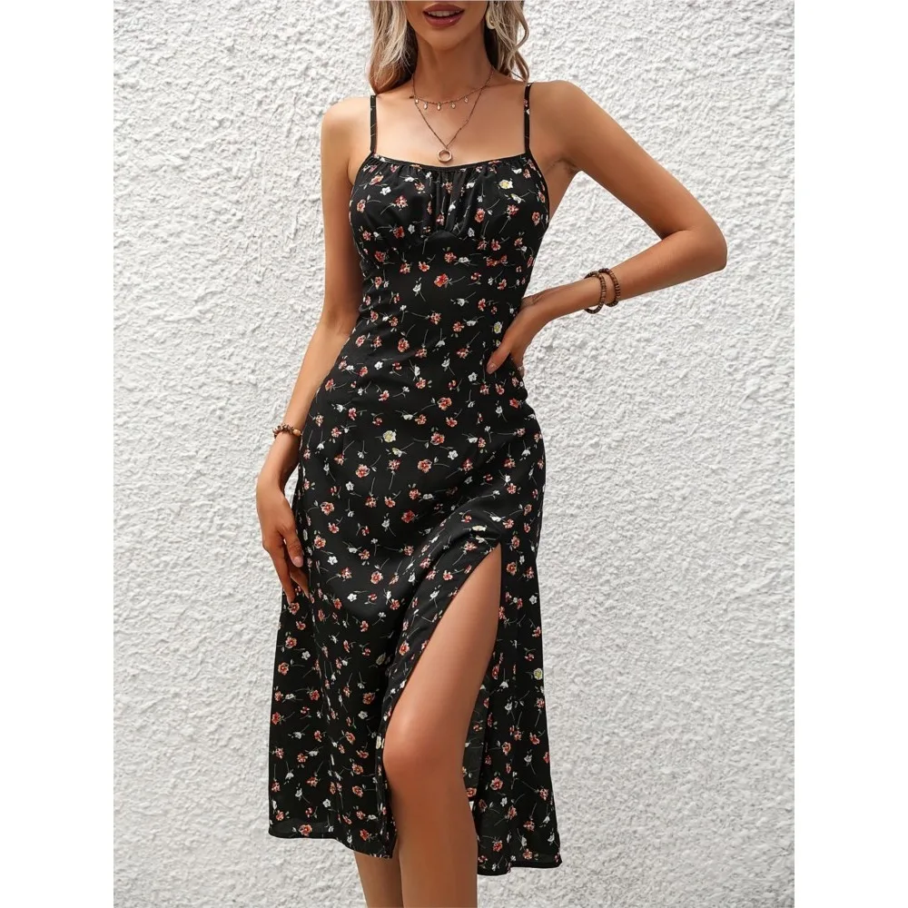 2024 Estate Sexy Cinghie di Spaghetti Vestito Delle Donne di Modo Polka Dot Stampa Senza Maniche Vestito A Spacco Boho Casual Spiaggia Abiti Midi