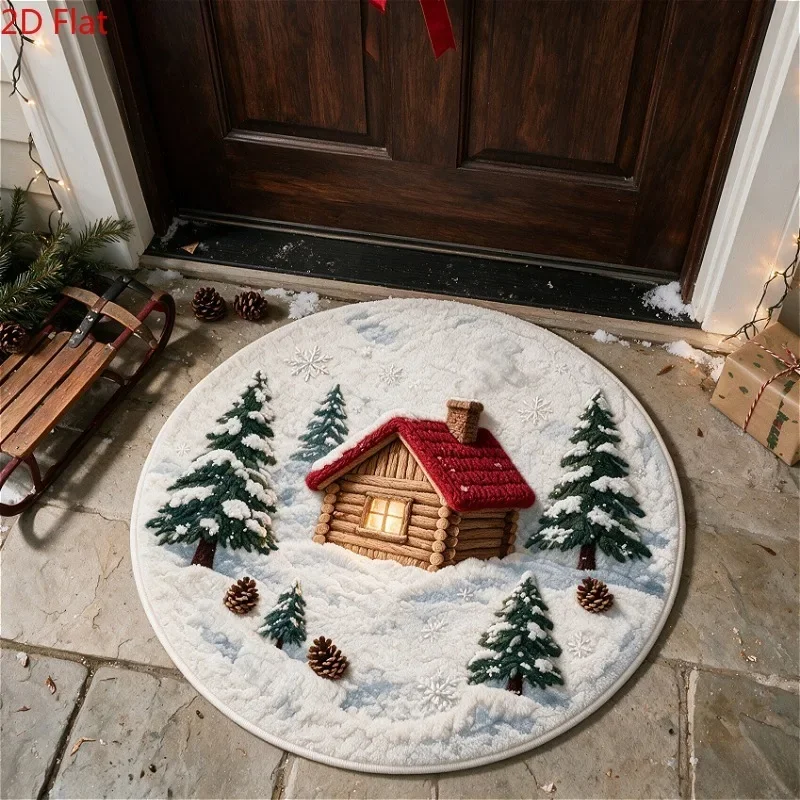 Circle Floor Blanket 2D Flat Christmas Flannel Carpet 3D Illusion Snow Village Miniature Soft Fluffy Cozy Living Room Sofa Rug