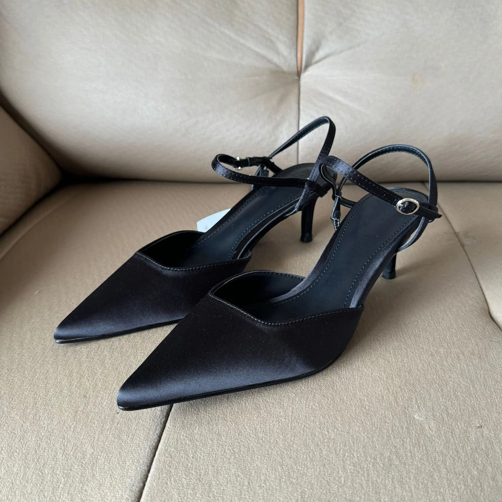 

Женская обувь, осень 2023, новые черные модные универсальные женские сандалии на тонком каблуке с острым носком и неглубоким носком