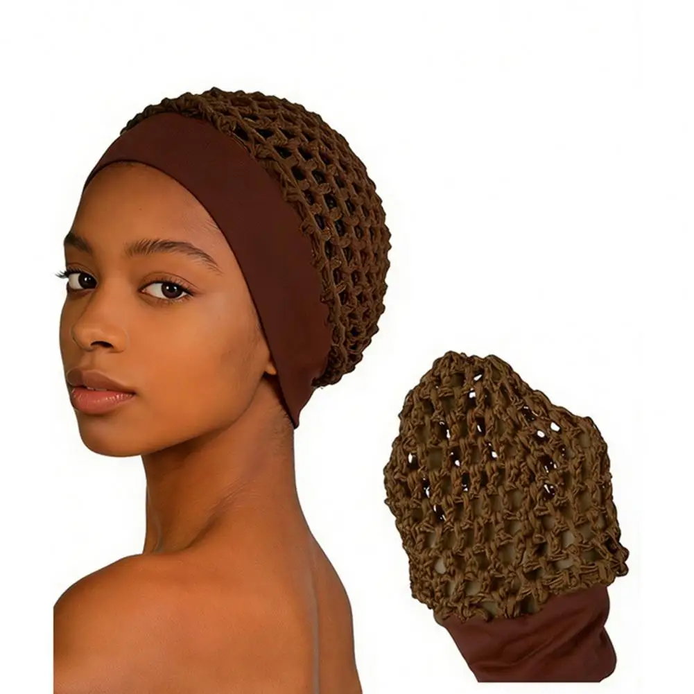 Friction Reducing Hair Wrap Women Mesh Crochet Hairnet with Wide Elastic Band Breathable Knit Snood Hat Non-slip for Sleeping