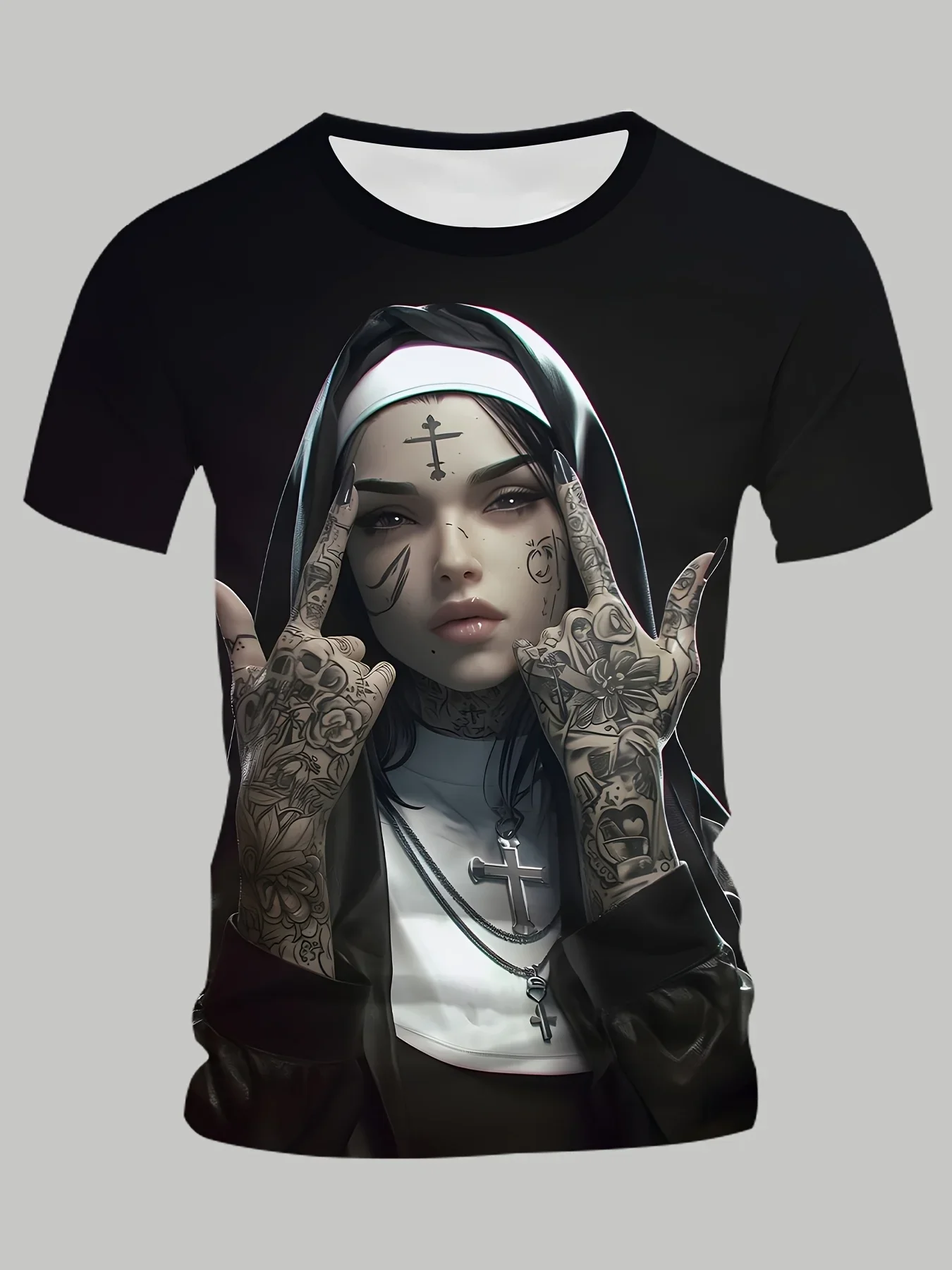 

2025 Summer T-shirt Tattoo Nun Men's 3D Pattern T-shirt Casual Round Neck Short Sleeve Gothic Style Comfortable Lightweight Top